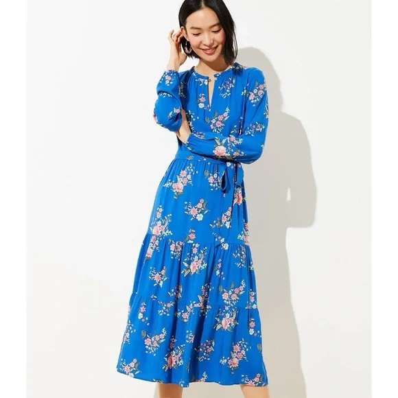 Loft Floral Tiered Maxi Dress Blue Long Balloon Sleeve Belted Full Length Size 2 - Picture 8 of 12